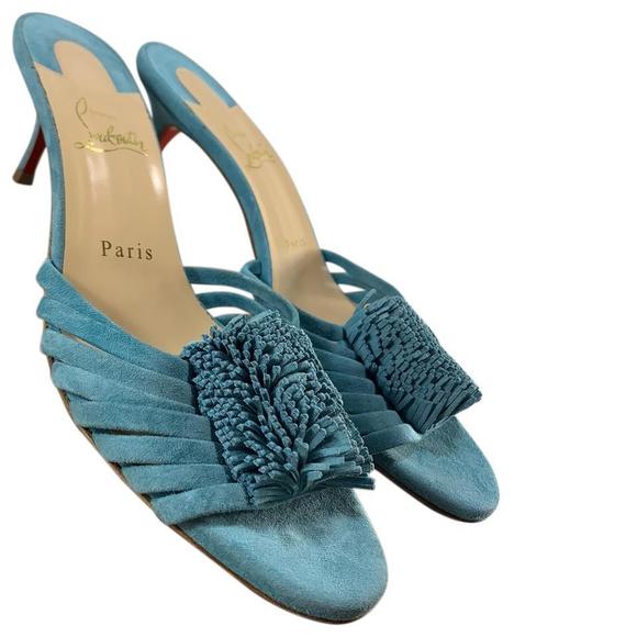 Belbrossa Noumea Aqua Blue 55mm Fringe Suede Kitten Heel Sandals D585 - Picture 1 of 12